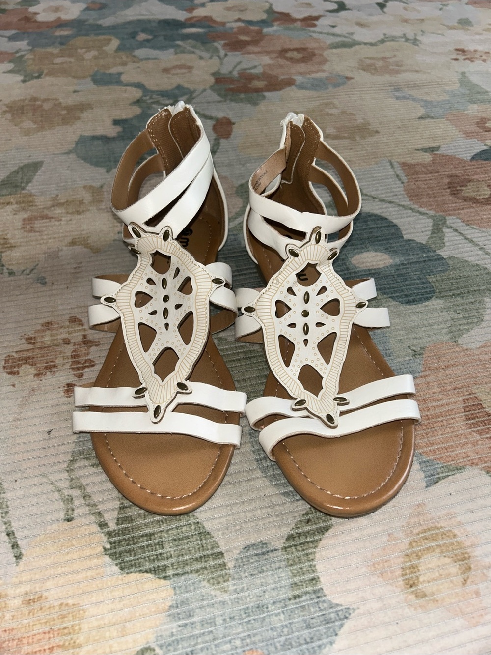 Women's White Laser-Cut T-Strap Sandals with Ankle Closure